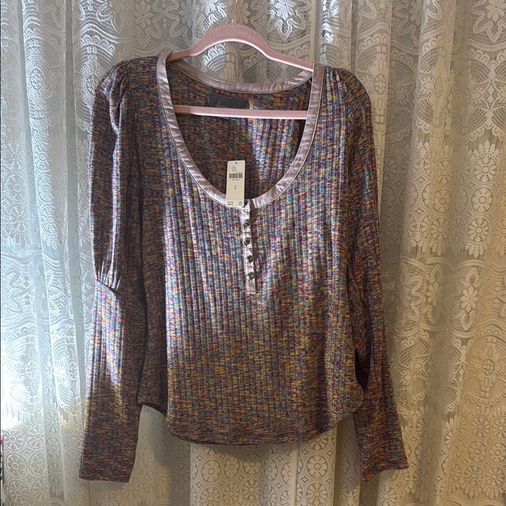 Anthropologie Gray Brown Ribbed Buttoned Blouse